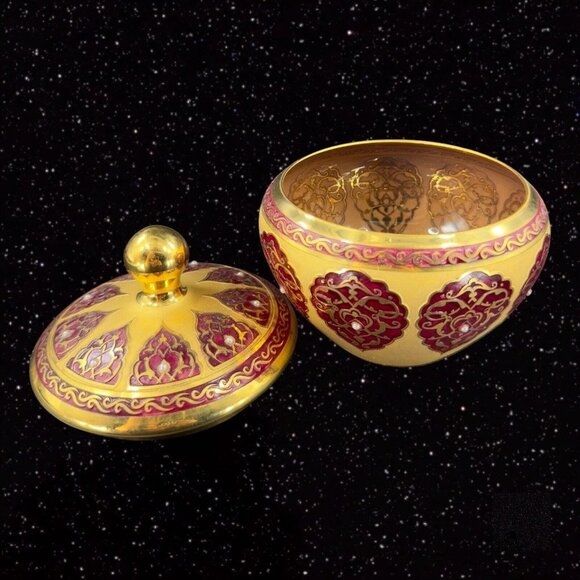 Decorium Turkish Glass Handcrafted Candy Dish Bowl Gold Gild W Lid Marked VTG - Picture 11 of 16